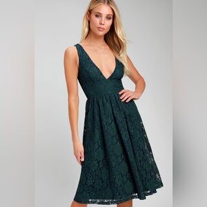 Lulu’s Duet Navy Blue and Forest Green Lace Midi Skater Dress